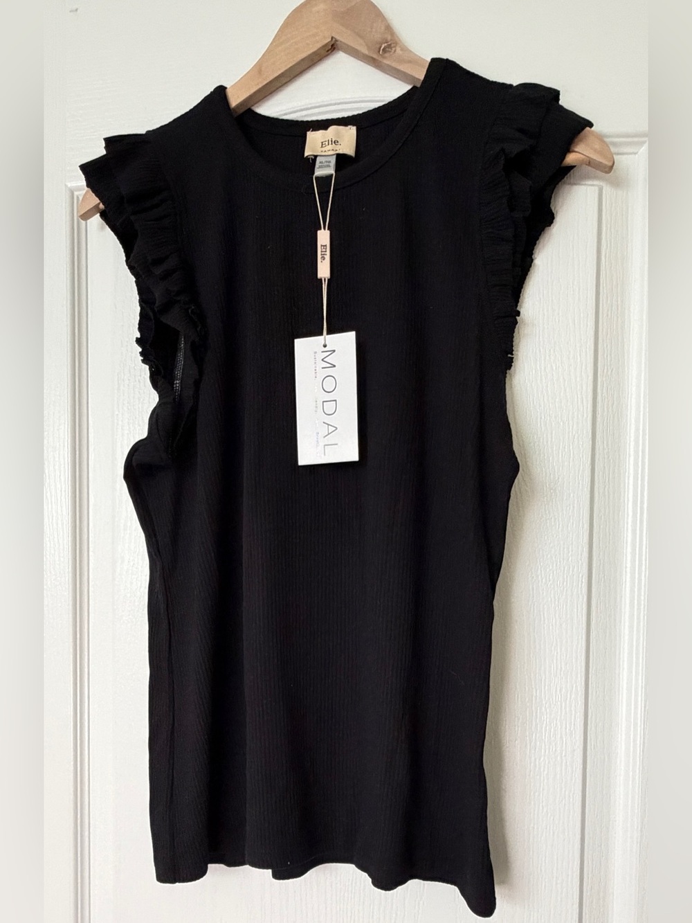 Elie Tahari Black Ruffled Side-Sleeve Ribbed Knit Top XL NWT Modal Stretch